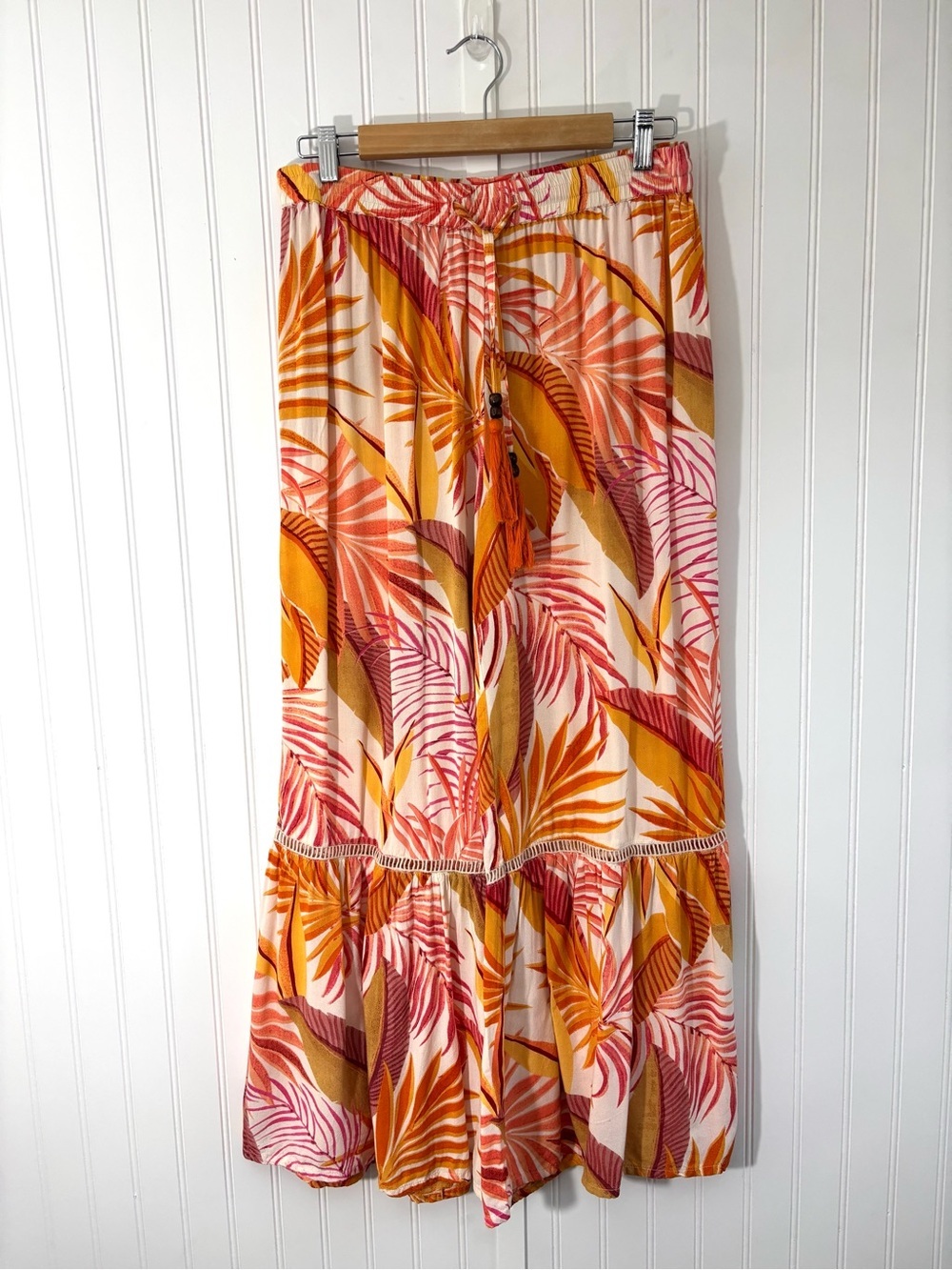 True Destinations Tropical Palm Print Wide Leg Pants Boho Resort Size L